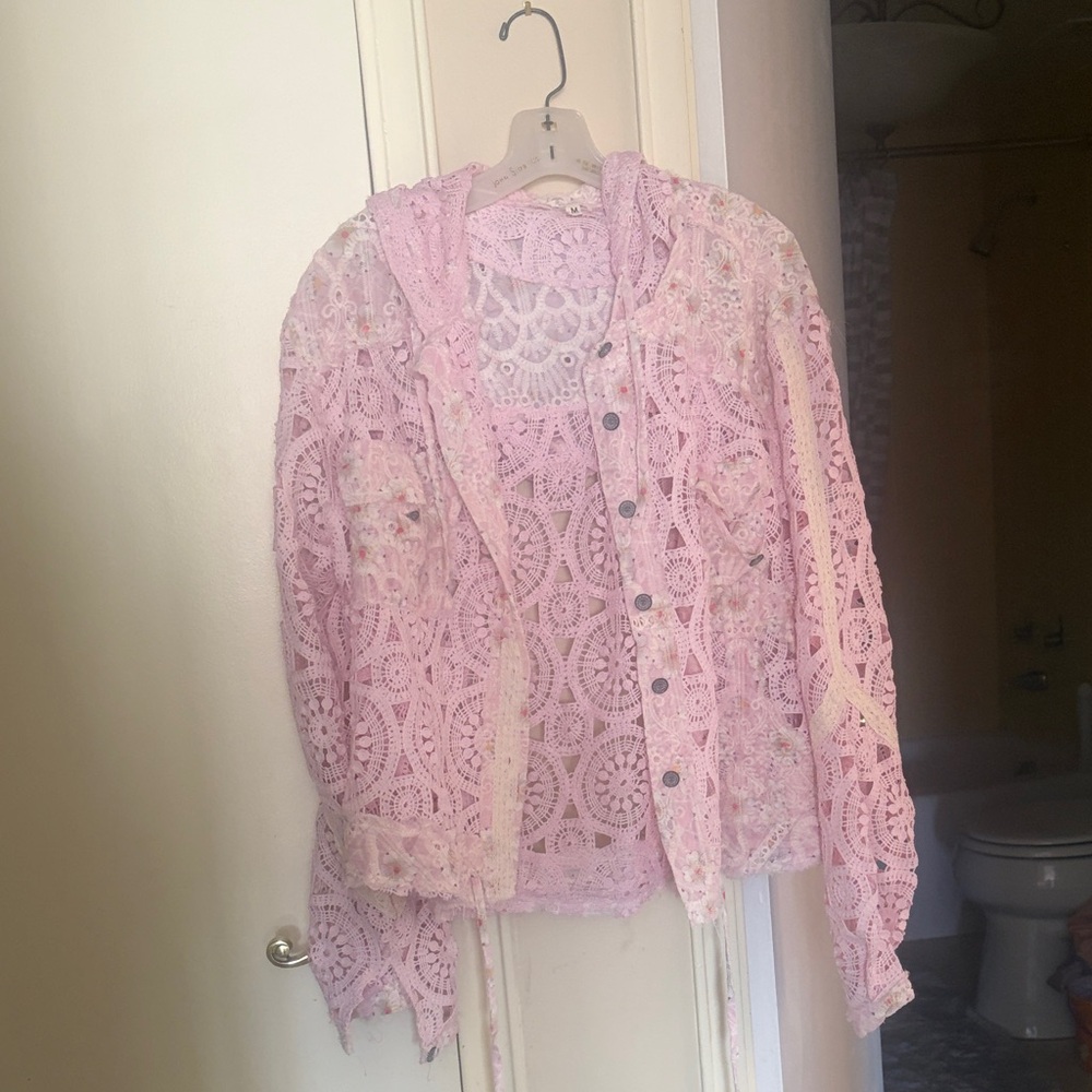 POL Pink Crochet Lace Jacket with Hood